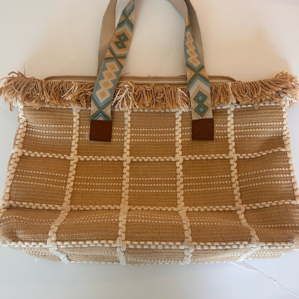 Source Unknown Tan and Cream Checkered Travel Bag